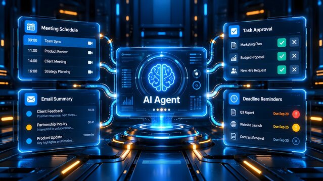Artificial intelligence agent dashboard interface managing business schedules and automated tasks