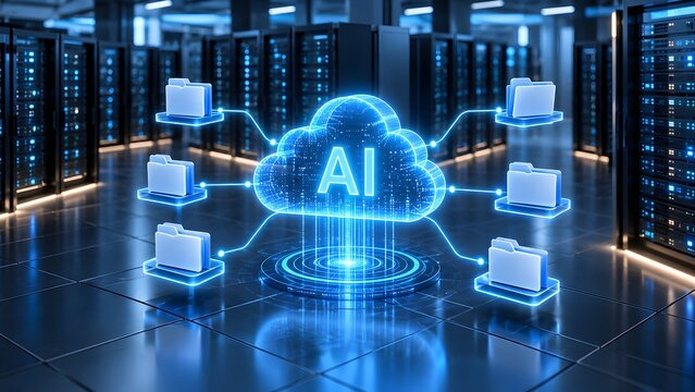 Artificial intelligence cloud computing icon connecting to digital folders floating inside a modern server room data center