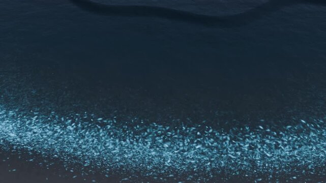 Bioluminescent waves glowing blue as they break and wash up on a dark beach at night, sparkling plankton in the surf under moonlight, 3D render