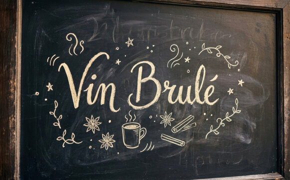 Vin Brul&eacute; lavagna scritta a mano con spezie calde e cannella per ricetta di bevanda invernale tradizionale