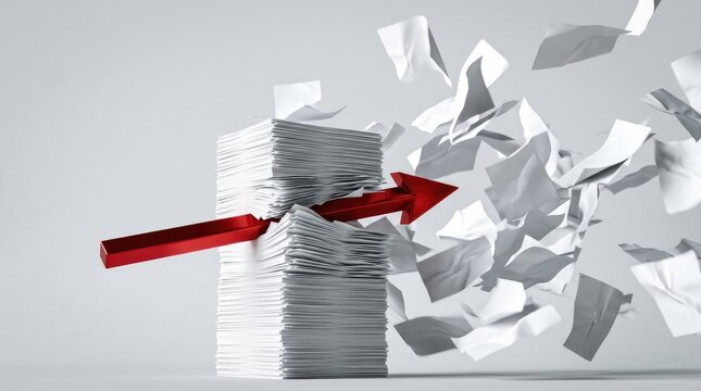 Red arrow cutting through stack of paper into shredded fragments