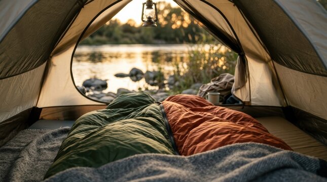 Two sleeping bags nestled together inside a riverside tent at sunset, evoking camping comfort, intimacy and fresh outdoor air.