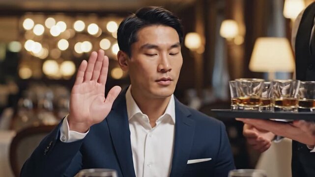 Suited man holds up open palm as server presents tray of whiskey glasses. Warm bokeh lights and soft lamps frame refined restaurant service during formal dining, with table and lounge details visible.