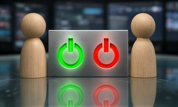 Two wooden figures face a glowing power button switch, one green, one red.