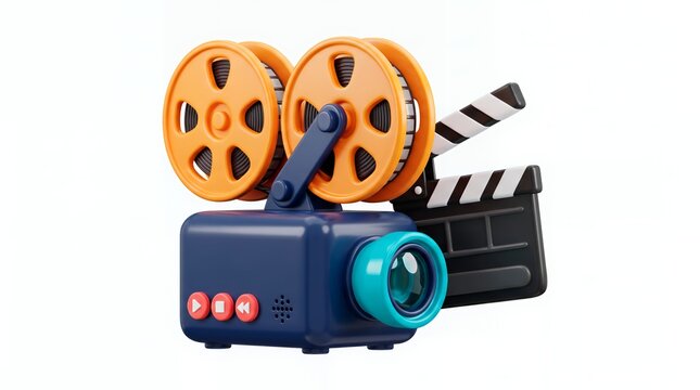 Retro 3D movie camera with film reels and clapperboard, representing classic cinema, filmmaking history, cinematography, movie production, and vintage entertainment.