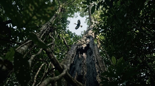 Rainforest canopy with lightning-scarred trunk, tangled vines, and hornbill in flight