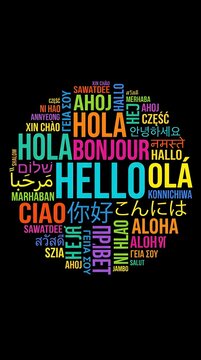 Hello word cloud in different languages on a black background, global communication concept.