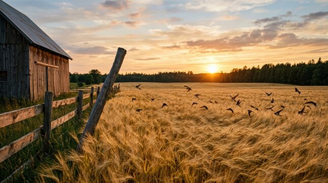 wheat field behind a country barn with leaning fence post and swallows at sunset