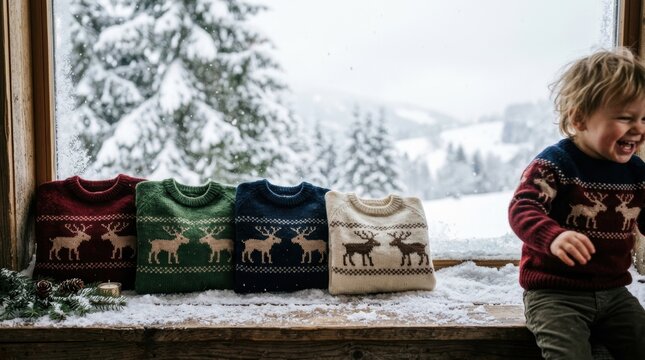 Family in matching reindeer sweaters posing at a snowy windowsill with one child slipping out of frame