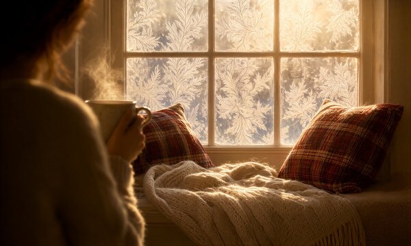 Cozy winter scene: person sipping hot drink by frosty window with warm blanket and pillows.