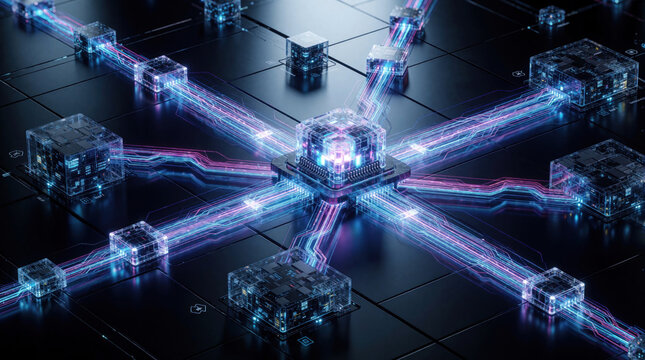 Abstract digital network with central mcp protocol core, connected data nodes. Glowing blue, purple light lines link futuristic server cubes on dark background. Distributed intelligence framework for