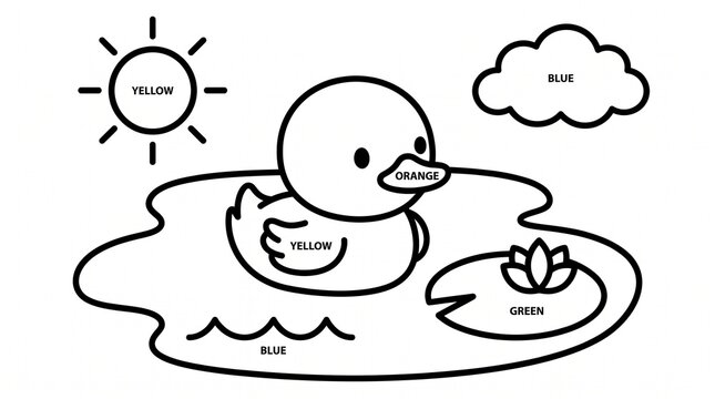 Cute duck in pond educational coloring page with color words for toddlers, black and white vector