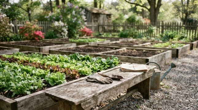Raised garden beds with spring lettuce in rows beside a weathered bench, organized backyard vegetable plot with a crooked handbuilt layout