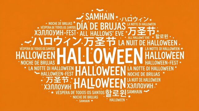 Halloween word cloud in multiple languages forming a pumpkin shape on orange background.