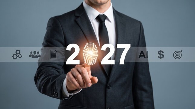 Businessman touching glowing digital fingerprint scanner interface for year twenty twenty seven