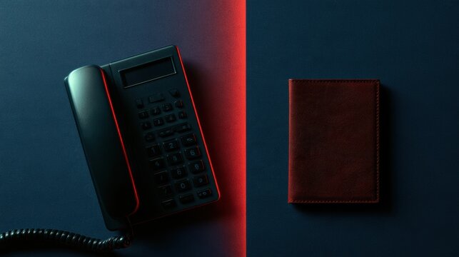 A black telephone is placed next to a closed payment card case. A narrow red light separates the two objects.