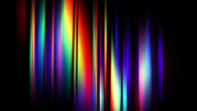 Colorful gradient rays flicker and fade into darkness with rich neon glow. Light beams shift randomly creating optical distortion and crystal light leaks. Fluid color form striking seamless loop. 4K