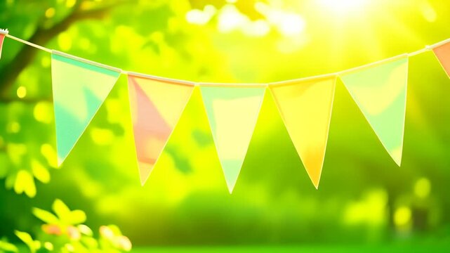 Colorful Fabric Pennant Flags Hanging in a Bright Outdoor Garden, Gently Swaying in Breeze, Full HD Summer Celebration Background Loop