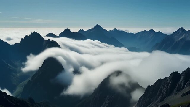 Dramatic Mountain Range with Low White Clouds Slowly Flowing Over Ridges, Majestic Nature Landscape Timelapse, Full HD Background