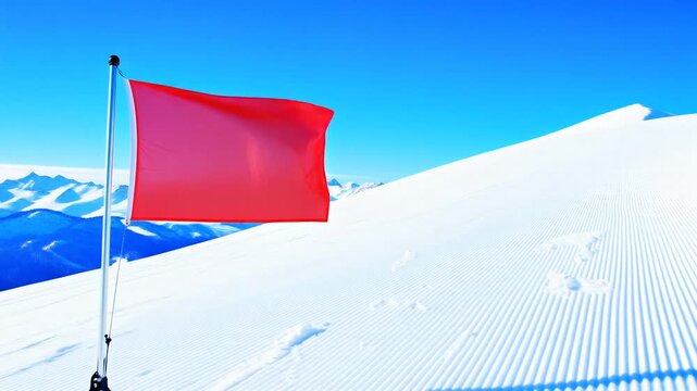 Red Safety Marker Flag Waving on a Groomed Ski Slope Against Clear Blue Sky and Snowy Mountains, Winter Sports Hazard Warning