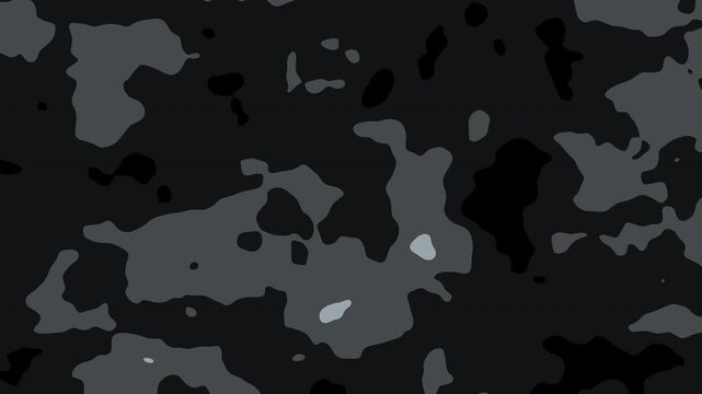 Seamless looping dark military camouflage pattern shifting and animating in monochrome colors