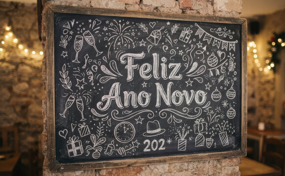Feliz Ano Novo giz lousa quadro festas comemoracao tipografia virada restaurante