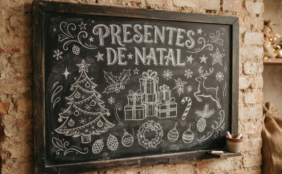 PRESENTES DE NATAL - Quadro negro com desenhos de natal e presentes para decoracao festiva e cartao