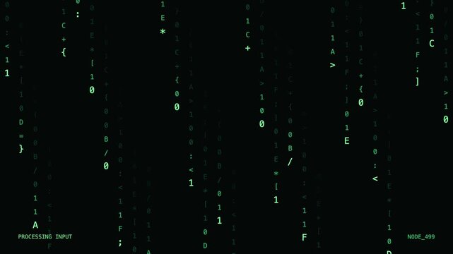 Glowing green matrix binary code raining down with glowing numbers and symbols against dark background
