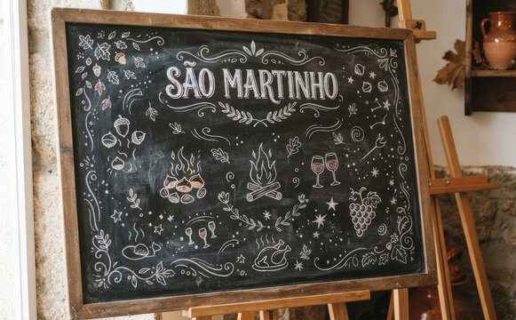 Sao Martinho quadro negro com desenhos de castanhas e vinho para festa de outono