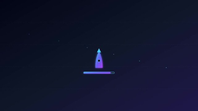 Glowing purple spaceship taking off into dark space with glowing digital interface elements surrounding it