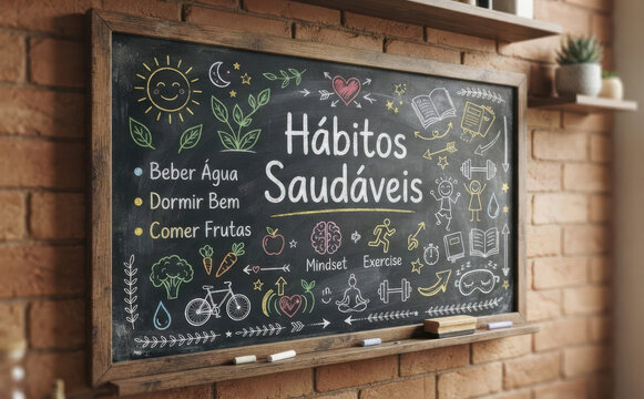 H&aacute;bitos Saud&aacute;veis lousa escolar com dicas de bem estar e vida saud&aacute;vel para educacao
