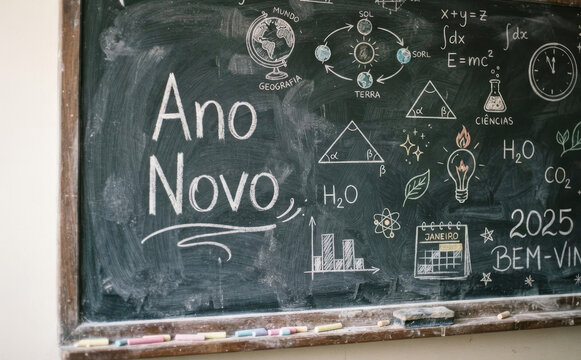 Ano Novo na escola quadro negro com desenhos educativos e formulas de matematica e ciencias para educacao