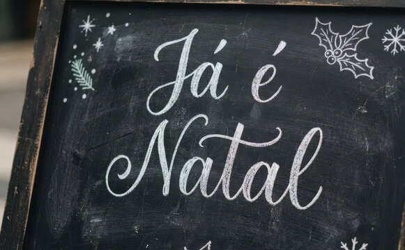 Ja e Natal - Quadro negro com mensagem de boas festas e espirito natalicio para decoracao de inverno e comunicacao comercial