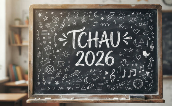 TCHAU 2026 lousa escolar com giz para despedida do ano e contagem regressiva