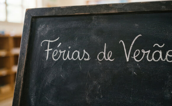 F&eacute;rias de Ver&atilde;o escrito em quadro negro escolar para projetos de educa&ccedil;&atilde;o infantil e f&eacute;rias