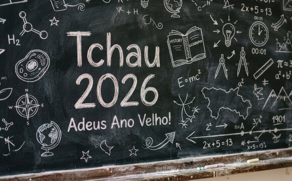 Tchau 2026 Adeus Ano Velho escrito em lousa escolar para celebracao de fim de ano e volta as aulas