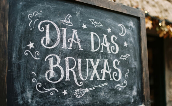 Dia das Bruxas escrito em lousa preta com giz branco conceito de Halloween e festas tematicas