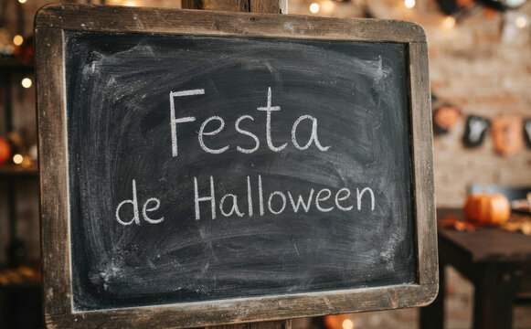 Festa de Halloween lousa com giz escrito em portugues e decoracao de dia das bruxas para convite e cartaz