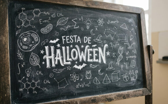 Festa de Halloween lousa com desenhos de ciencia e matematica para convite de outubro
