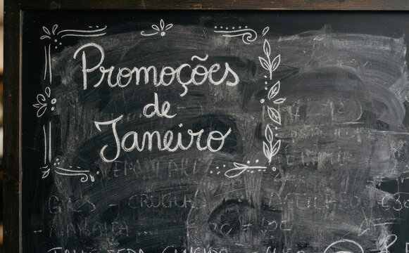 Promo&ccedil;&otilde;es de Janeiro quadro negro letras artesanais venda desconto janeiro marketing