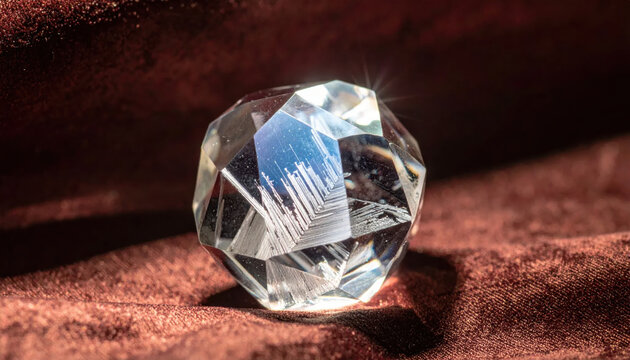 Intricately faceted clear crystal gemstone catching light with dazzling refractions on rich textured background