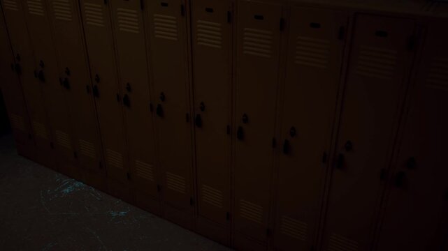 In an dimly lit school corridor, a row of worn lockers stands silently, echoing past memories and conversations. The atmosphere is thick with nostalgia and mystery, inviting curiosity.