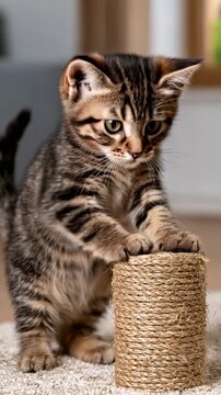 Striped Kitten Stretching on Sisal Scratching Post, Vertical Video
