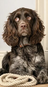 Spaniel Dog Waiting by Leash at Front Door for Walk, Vertical Video