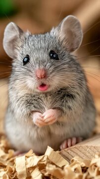 Cute Silver Pet Mouse on Wooden Bridge in Habitat, Vertical Video