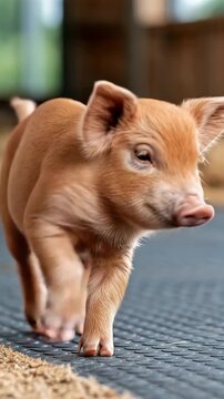 Ginger Pet Piglet Stretching on Rubber Stable Mat, Vertical Video