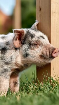 Spotted Pet Piglet Scratching on Grooming Brush Post, Vertical Video