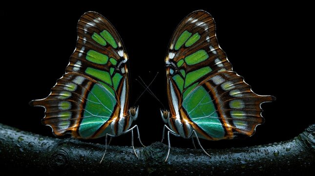 Two green butterflies face on dark tree branch. Symmetrical insects rest in night forest. Bright emerald wings glow under spotlight against black background. Beautiful nature macro shows delicate