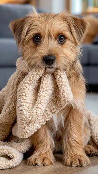 Scruffy Dog Holding Fleece Blanket in Mouth at Home, Vertical Video