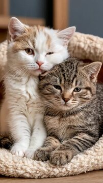 White Kitten Grooming Gray Tabby Kitten in Play Tent, Vertical Video